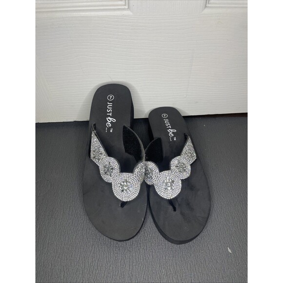 Size 7 Black Rhinestone Wedge Flip Flops Sparkly Bling Summer Heel Sandals - Picture 1 of 6
